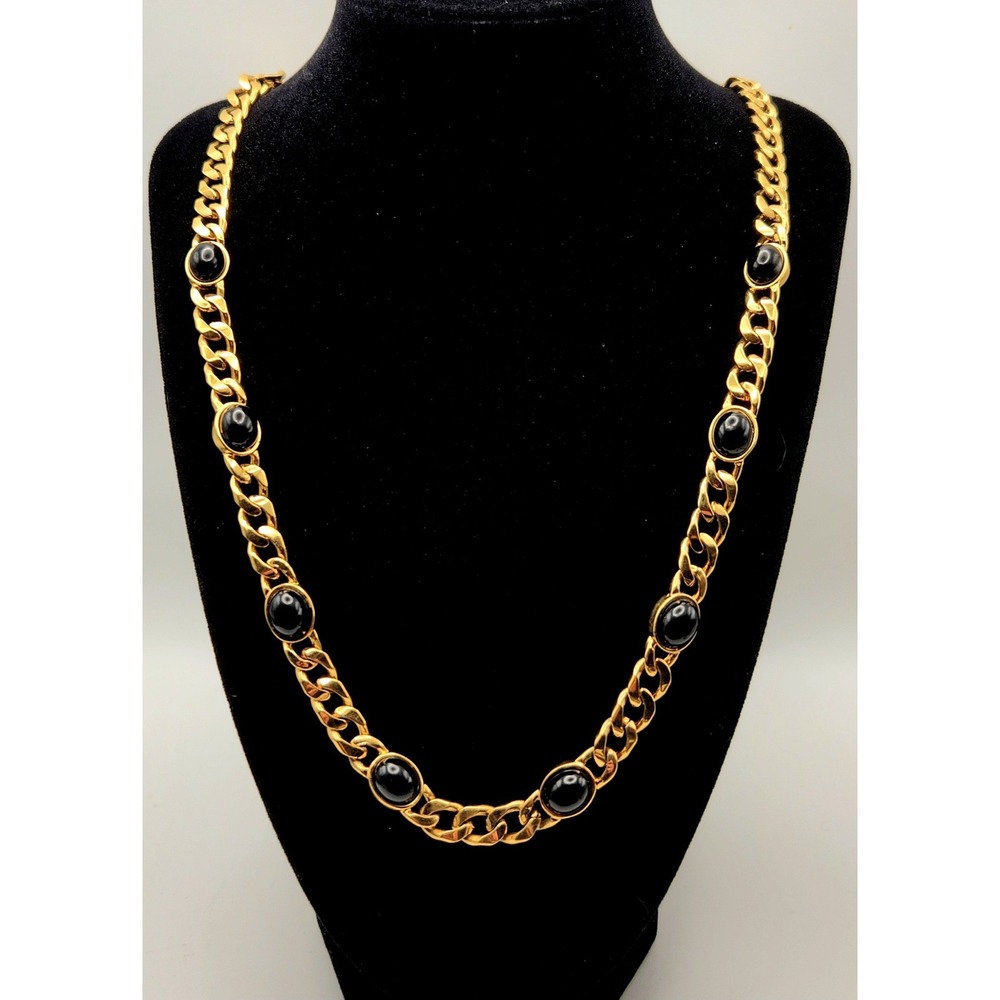 Monet Vintage Gold Tone Curb Chain Necklace Black Lucite Cabochon 30 Inch